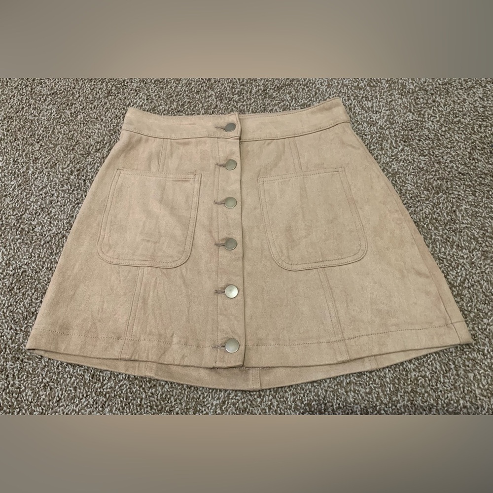 Altar’d State Tan Button-Front Faux Sued Skirt